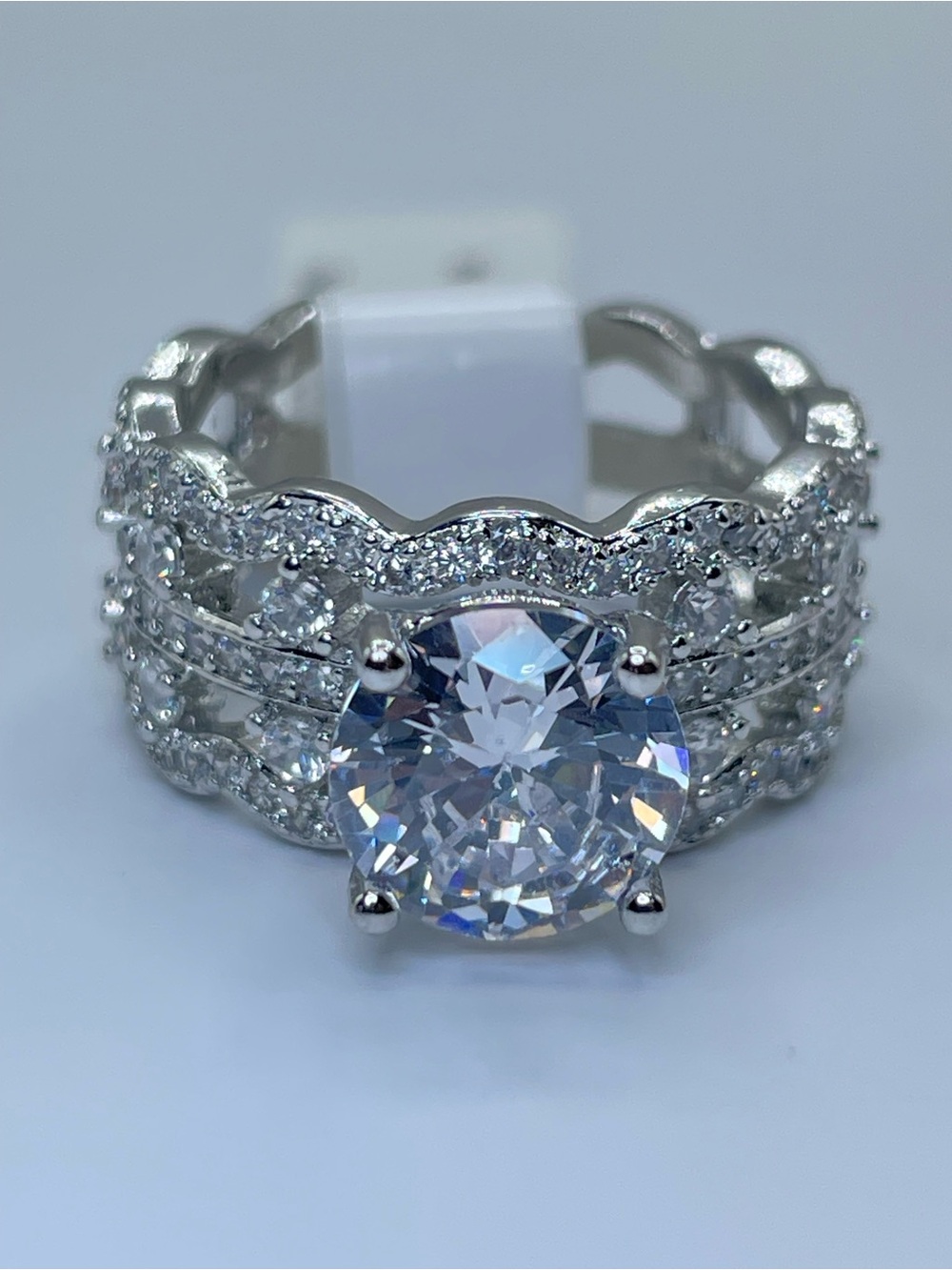 Swarovski Crystal Elements White Round Cut Crystal Art Deco Wide Band Ring 7.5